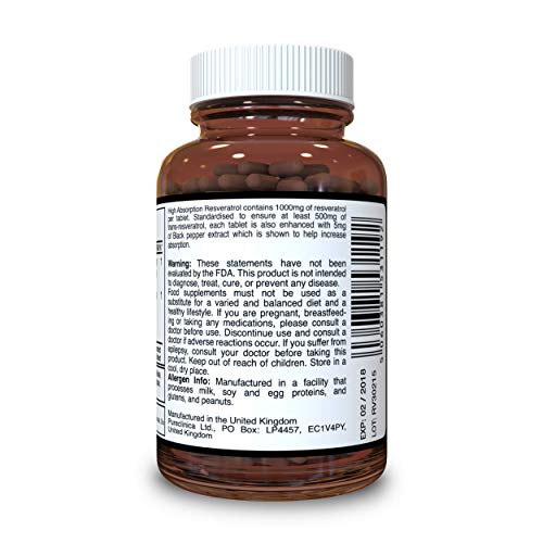 1000mg Resveratrol x 360 tablets - (4 bottles each with 90 tablets - 12 months supply). 10 x strength and with black pepper extract for faster absorption. SKU: RV3x4