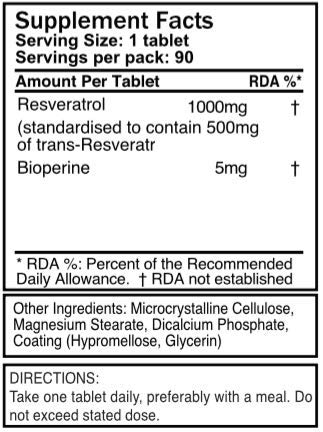 1000mg Resveratrol x 360 tablets - (4 bottles each with 90 tablets - 12 months supply). 10 x strength and with black pepper extract for faster absorption. SKU: RV3x4