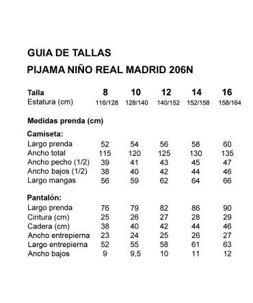 10XDIEZ Pijama niño Real Madrid campeones 206n - Medidas Albornoces - 10