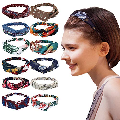 12 diademas para mujeres, bandas para el cabello elásticas con nudos para la cabeza, accesorios para el cabello con estampado de flores vintage para mujeres y niñas.