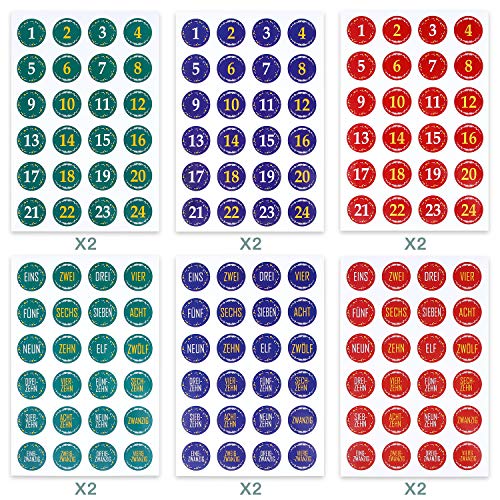12 x 24 Advent Pegatina en Advent, 6 Tipos Diferentes de Pegatinas de Calendario de adviento y 2 para Cada Tipo, diseños navideños para Manualidades un adviento Calendario, Bella, 40 mm de diámetro