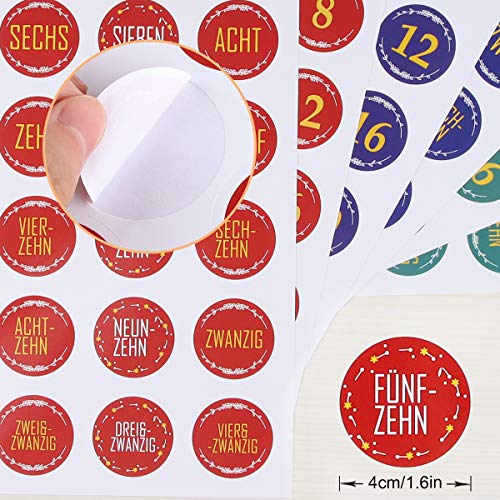 12 x 24 Advent Pegatina en Advent, 6 Tipos Diferentes de Pegatinas de Calendario de adviento y 2 para Cada Tipo, diseños navideños para Manualidades un adviento Calendario, Bella, 40 mm de diámetro