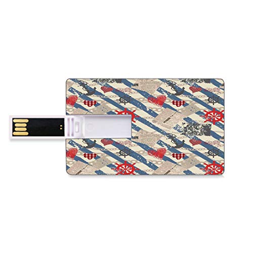 128G Unidades flash USB flash Náutico Forma de tarjeta de crédito bancaria Clave comercial U Disco de almacenamiento Memory Stick Gráfico de mar con rayas y formas diagonales angustiadas de grunge Mar