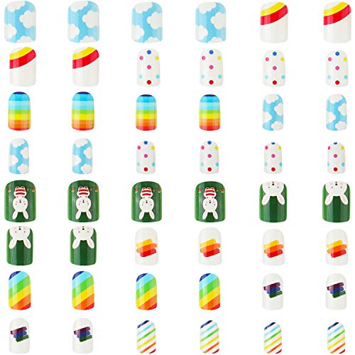 140 Piezas Uñas Postizas de Niños de Presión de Dibujos Uñas Coloridas de Cubierta Completa Pre-pegamento Puntas de Uñas Artificiales Lindo Corto Gradiente de Brillo para Niños