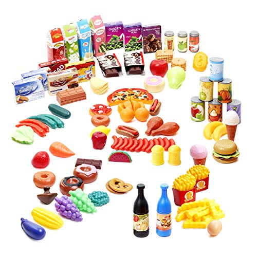 150 Juguetes de Comida Alimentos, Juego Cocina para Niños| No Tóxico y 100% Sin BPA| Verduras Frutas Papas Fritas Pizza Hamburguesa Helado Donuts Chocolates etc| Educativo Regalo Cumpleaños Navidad.