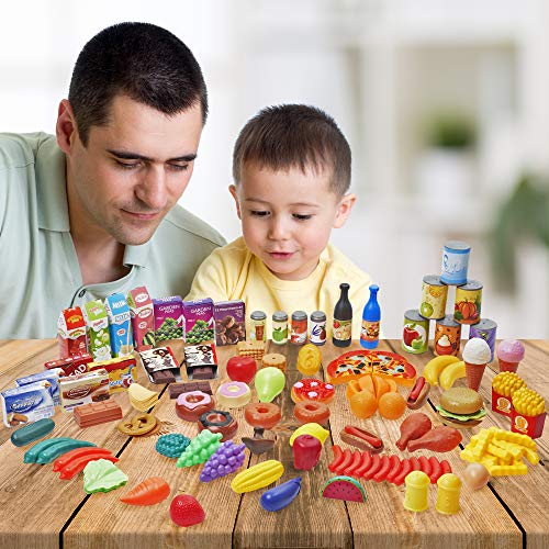 150 Juguetes de Comida Alimentos, Juego Cocina para Niños| No Tóxico y 100% Sin BPA| Verduras Frutas Papas Fritas Pizza Hamburguesa Helado Donuts Chocolates etc| Educativo Regalo Cumpleaños Navidad.