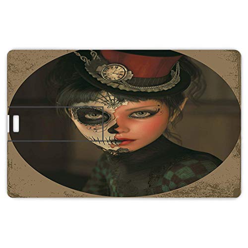 16GB Unidades flash USB flash Cráneo del azúcar Forma de tarjeta de crédito bancaria Clave comercial U Disco de almacenamiento Memory Stick Retrato de niña antigua con maquillaje inspirado en calavera