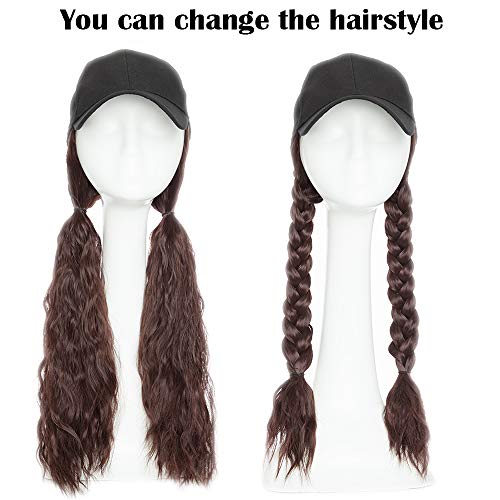 18"(45cm) SEGO Extensiones con Gorra de Cabello Sin Clip Pelo Sintético Se Ve Natural Rizado Ondulado Pelucas Postizos Invisibles Baseball Cap Hat Wig Corn Wave (Vino Rojo,290g)