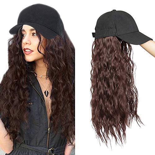 18"(45cm) SEGO Extensiones con Gorra de Cabello Sin Clip Pelo Sintético Se Ve Natural Rizado Ondulado Pelucas Postizos Invisibles Baseball Cap Hat Wig Corn Wave (Vino Rojo,290g)