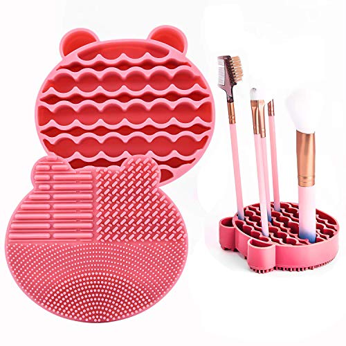 2 en 1 almohadilla de silicona para limpieza de brochas de maquillaje, soporte de almacenamiento para secado, portátil, para accesorios de viaje (rosa)