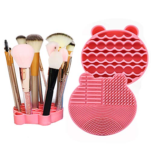 2 en 1 almohadilla de silicona para limpieza de brochas de maquillaje, soporte de almacenamiento para secado, portátil, para accesorios de viaje (rosa)