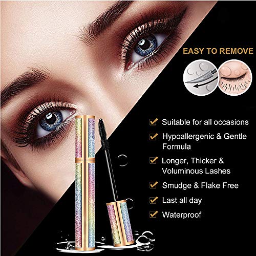 2 Pack 4D Rímel de Pestañas de Fibra de Seda, Rímel Impermeable de Pestañas Extra Largas, Rímel Espesante y Espesante Natural Grueso, Maquillaje de Ojos Largo y Encantador