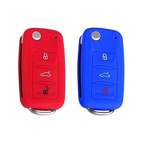 2 Piezas 3 Botones Silicona Funda para Llave de Coche Car Key Cover para VW Golf 6 Skoda Seat(Azul Marino+Rojo)