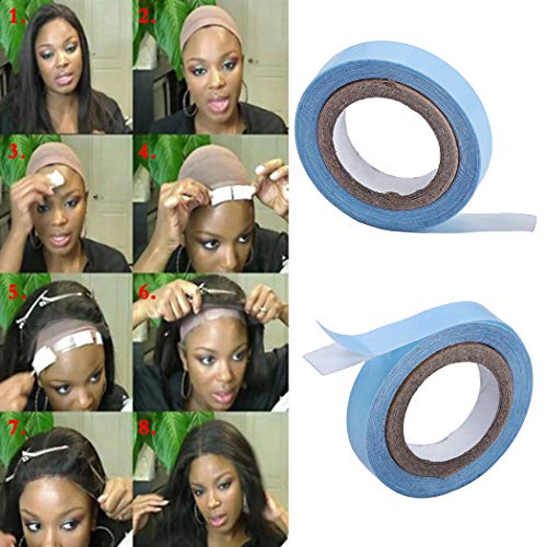 2 piezas de encaje frente peluca cinta de apoyo, salón de extensión de cabello cinta azul de doble cara rollo de cinta adhesiva (0,8 cm * 3 yardas)