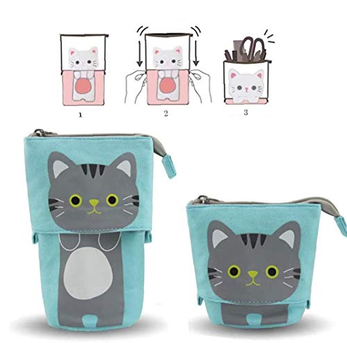 2 piezas de la caja de lápiz telescópico, linda bolsa de papelería pluma de la caja de pop Párese tienda del lápiz de la PU del gato dibujos animados del lápiz caja de la bolsa para Servicios del