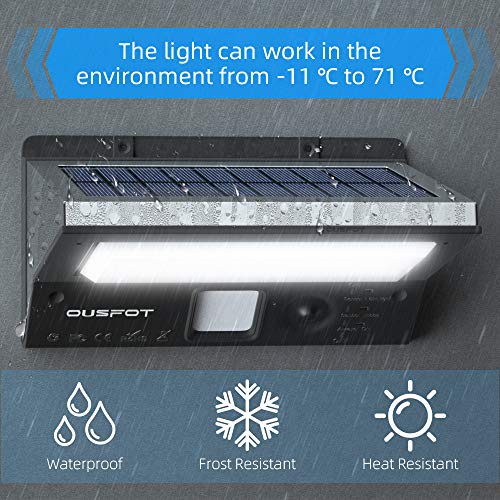 【2 piezas】OUSFOT Luz Solar Exterior LED Foco Solar Exterior con Sensor de Movimiento Lámpara Solar Impermeable 3 Modos Gran Ángulo 120º de Iluminación 2200mAh para Jardín Muros Exteriores