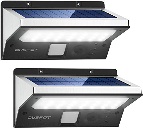 【2 piezas】OUSFOT Luz Solar Exterior LED Foco Solar Exterior con Sensor de Movimiento Lámpara Solar Impermeable 3 Modos Gran Ángulo 120º de Iluminación 2200mAh para Jardín Muros Exteriores