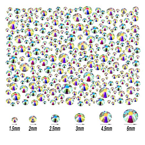 2000 Piezas de Diamantes de Imitación de Espalda Plana de Vidrio Hot Fix Gemas Cristales Redondas 1,5-6 MM (SS4-SS30) en Caja de Almacenamiento con Pinzas y Bolígrafos de Diamantes(Cristal AB)