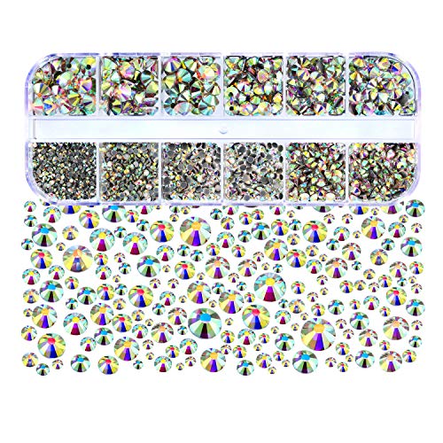 2000 Piezas de Diamantes de Imitación de Espalda Plana de Vidrio Hot Fix Gemas Cristales Redondas 1,5-6 MM (SS4-SS30) en Caja de Almacenamiento con Pinzas y Bolígrafos de Diamantes(Cristal AB)