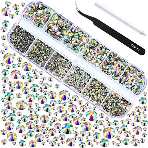 2000 Piezas de Diamantes de Imitación de Espalda Plana de Vidrio Hot Fix Gemas Cristales Redondas 1,5-6 MM (SS4-SS30) en Caja de Almacenamiento con Pinzas y Bolígrafos de Diamantes(Cristal AB)