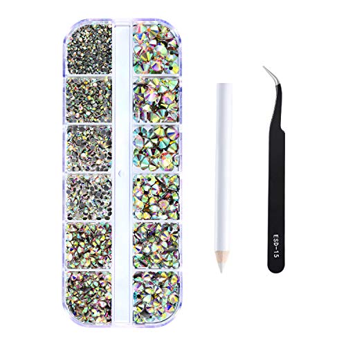 2000 Piezas de Diamantes de Imitación de Espalda Plana de Vidrio Hot Fix Gemas Cristales Redondas 1,5-6 MM (SS4-SS30) en Caja de Almacenamiento con Pinzas y Bolígrafos de Diamantes(Cristal AB)