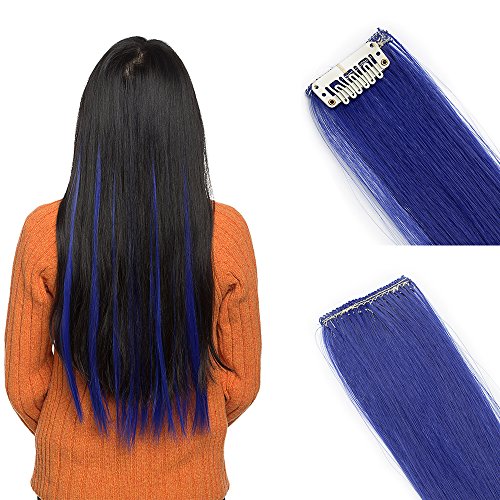 22"(55cm) Extensiones de Cabello Clip Mechas de Colores Fantasía 10 Tiras/Set Pelo Sintético Natural para Niñas Muñecas Postizos Pelucas Accesorios Liso (100g,Azul Oscuro)