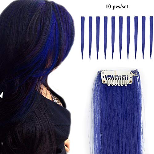 22"(55cm) Extensiones de Cabello Clip Mechas de Colores Fantasía 10 Tiras/Set Pelo Sintético Natural para Niñas Muñecas Postizos Pelucas Accesorios Liso (100g,Azul Oscuro)