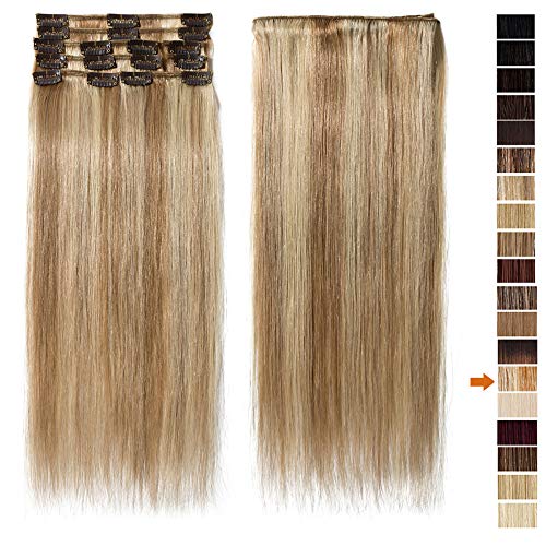 22"(55cm) Extensiones de Clip de Pelo Natural [#12/613 Castaño Dorado/Blanqueador Rubio] 100% Remy Cabello Humano 8 Piezas 18 Clips Liso (75g)