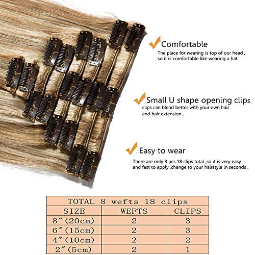 22"(55cm) Extensiones de Clip de Pelo Natural [#12/613 Castaño Dorado/Blanqueador Rubio] 100% Remy Cabello Humano 8 Piezas 18 Clips Liso (75g)