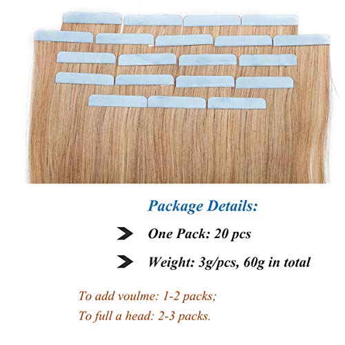 22"(55cm) SEGO Extensiones Adhesivas de Cabello Natural VOLUMEN GRUESO [3g*20PCS] #27 Rubio Oscuro Pelo Humano 100% Remy sin Clip Tape in Hair (60g)