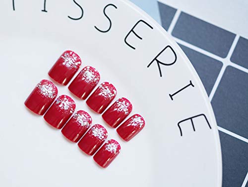 24 uñas postizas artificiales con diseño de polvo brillante, color rojo brillante, cuadradas, con pegamento adhesivo para oficina y hogar
