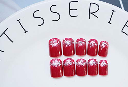 24 uñas postizas artificiales con diseño de polvo brillante, color rojo brillante, cuadradas, con pegamento adhesivo para oficina y hogar