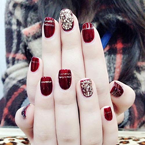 24 uñas postizas artificiales con diseño de polvo brillante, color rojo brillante, cuadradas, con pegamento adhesivo para oficina y hogar