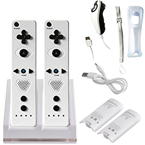 2X Ordinary Remote Controller, 2X Nunchuk Controller & 1x Charging Dock Controller Includes 2 Pcs of 2800mAh Battery Pack For Nintendo Wii & Wii U Remote - Plum Blossom D-Pad & Triangle Buttons