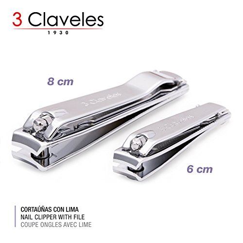3 Claveles - Lote 2 Cortaúñas Cromados con Lima para Manos y Pies en Acero Inoxidable al Carbono. Acabado Metalico. Medidas 6 y 8 cm