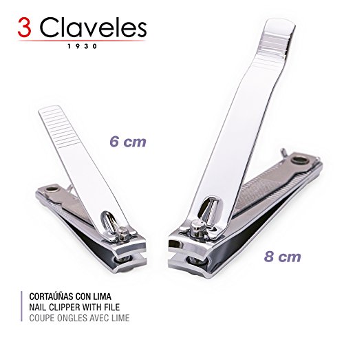 3 Claveles - Lote 2 Cortaúñas Cromados con Lima para Manos y Pies en Acero Inoxidable al Carbono. Acabado Metalico. Medidas 6 y 8 cm