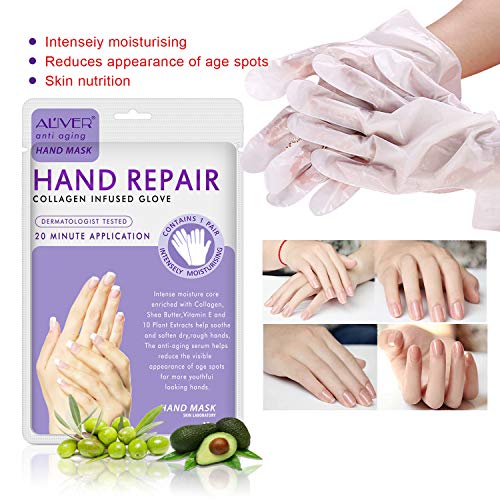 3 pares manos guantes hidratantes, reparación de la piel de la mano renovar máscara con colágeno, suero + vitaminas + extractos de plantas naturales para seco, envejecimiento, manos agrietadas