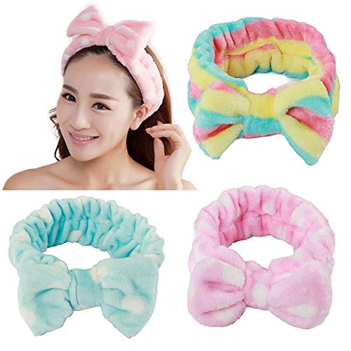 3 Pieces Women/Girl Adorable Fashion/Soft Cut Carol Plush Bun Makeup Cosmetic Shower Band Elastic Hair Band 3 Colors Available (rosa, azul y arco iris)