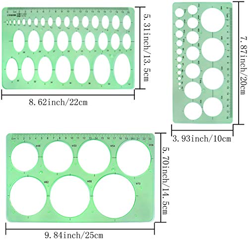 3 Piezas Plantilla Geométrica Regla Círculo/Ovalada Dibujo Medición de Plástico para Oficina Hogar Escuela