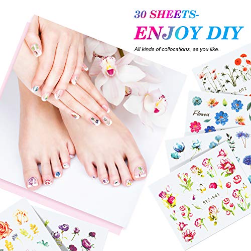 30 Hojas de Pegatinas de Uñas de Flores Calcomanías de Arte de Uñas Pegatinas de Transfer de Agua Pegatinas de Uñas con Diseño de Flores Coloridas Hojas Calcomanías de Punta de Uñas
