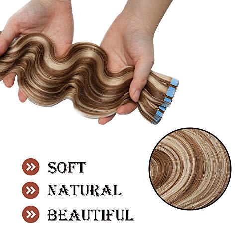 35cm（2g*20pcs） Extensiones de Pelo Natural Adhesivas Rizado #Marrón Dorado/Blanqueador Rubio Cabello Humano Tape on Hair Extension Ondulado