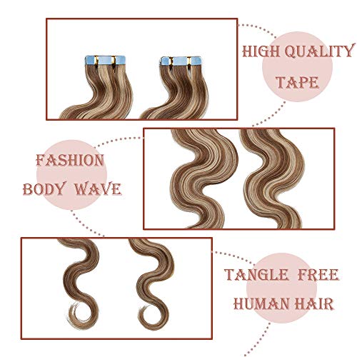 35cm（2g*20pcs） Extensiones de Pelo Natural Adhesivas Rizado #Marrón Dorado/Blanqueador Rubio Cabello Humano Tape on Hair Extension Ondulado