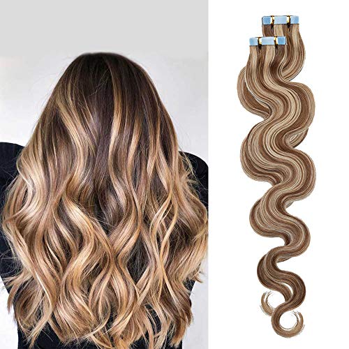 35cm（2g*20pcs） Extensiones de Pelo Natural Adhesivas Rizado #Marrón Dorado/Blanqueador Rubio Cabello Humano Tape on Hair Extension Ondulado