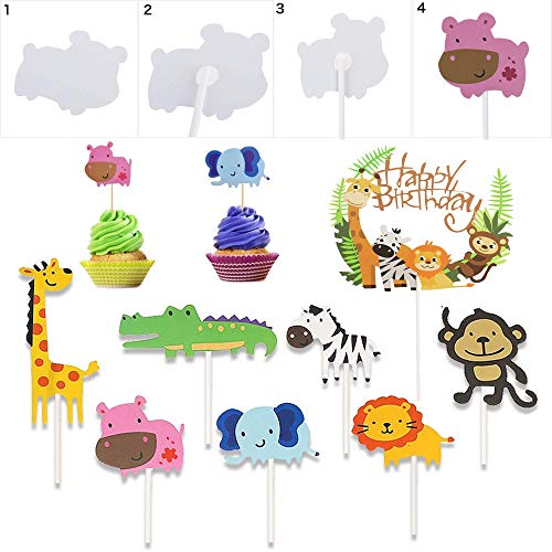 36 Piezas Cupcake Toppers Lindo Selva Temática Animales En Forma de Pastel Toppers,Animales Decoraciones Torta para Niños Ducha de Bebé Fiesta de Cumpleaños,Contiene 1 Happy Birthday Banner (a-36)