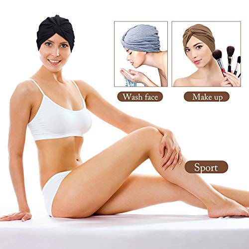 4 Piezas Gorro Turbante para Mujeres Gorro de Nudo Pre Atado Suave Pañuelo de Cabeza Plisada de Moda Gorra de Dormir, 4 Colores (Negro, Caqui, Azul Marino, Gris)