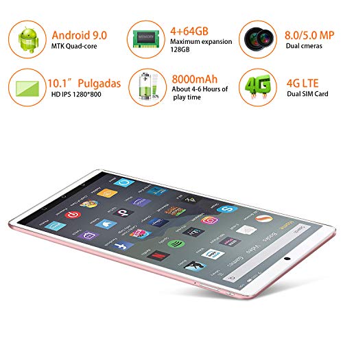4G Tablets 10.1 Pulgadas, Android 9.0 Tablet PC con 4GB RAM+ 64GB ROM, Quad-Core 8MP 2 in 1 Tablet con Teclado, 8000mAh Moviles Buenos o Tablets Puede Llamar Apoyo Dual SIM WiFi/Bluetooth/OTG (Rosa)