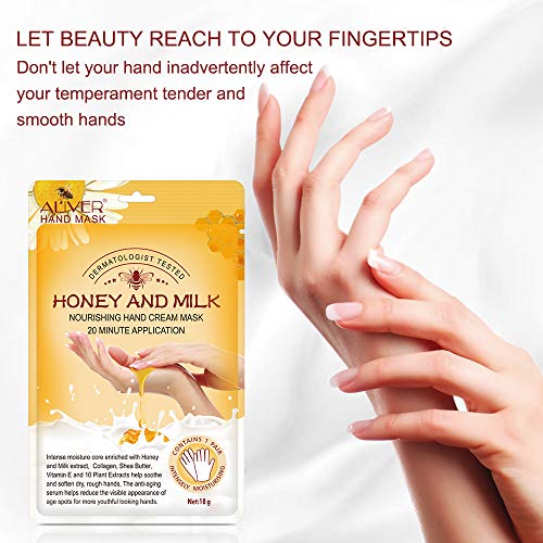5 pares de guantes hidratantes para manos, mascarilla renovadora para reparación de la piel de las manos con colágeno infundido, mascarilla para manos secas, envejecidas y agrietadas (miel y leche)