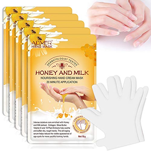 5 pares de guantes hidratantes para manos, mascarilla renovadora para reparación de la piel de las manos con colágeno infundido, mascarilla para manos secas, envejecidas y agrietadas (miel y leche)