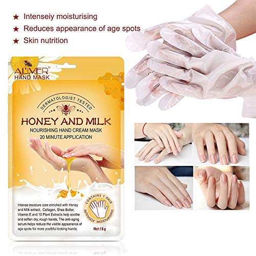 5 pares de guantes hidratantes para manos, mascarilla renovadora para reparación de la piel de las manos con colágeno infundido, mascarilla para manos secas, envejecidas y agrietadas (miel y leche)