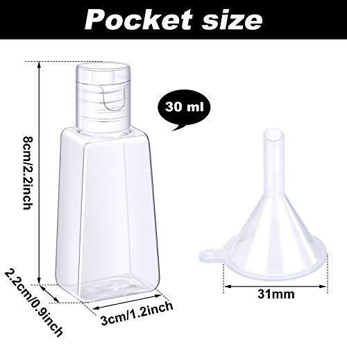 50 Botellas Vacías con Tapa Abatible Contenedores de Tamaño de Viaje Botella de Plástico Recargable de 1 oz/ 30 ml con 4 Embudos para Líquidos, Lociones, Cremas, Champú y Artículos de Tocador